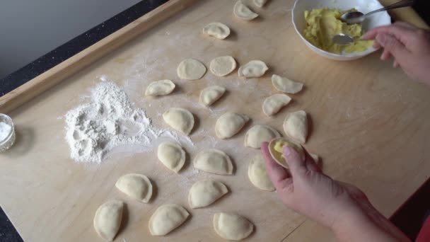 Kobieta w kuchni przygotowuje delikatne pierogi i varenyky — Wideo stockowe