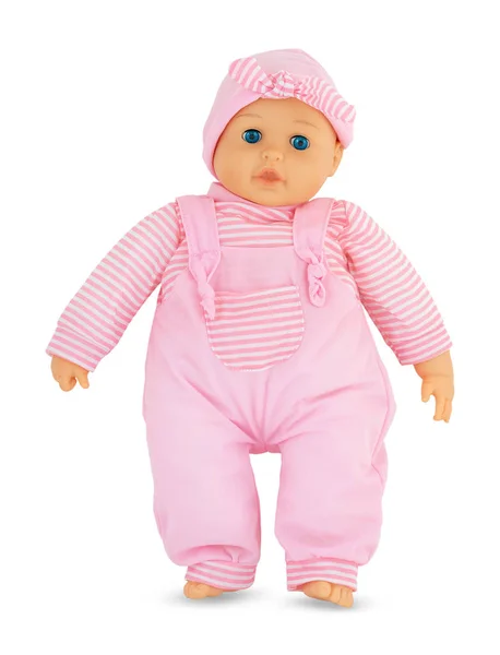 有蓝色闪亮眼睛的Plushie娃娃 背景白色 有阴影 在白色背景上可爱的粉色抹布娃娃 头戴尖尖帽子的娃娃 — 图库照片