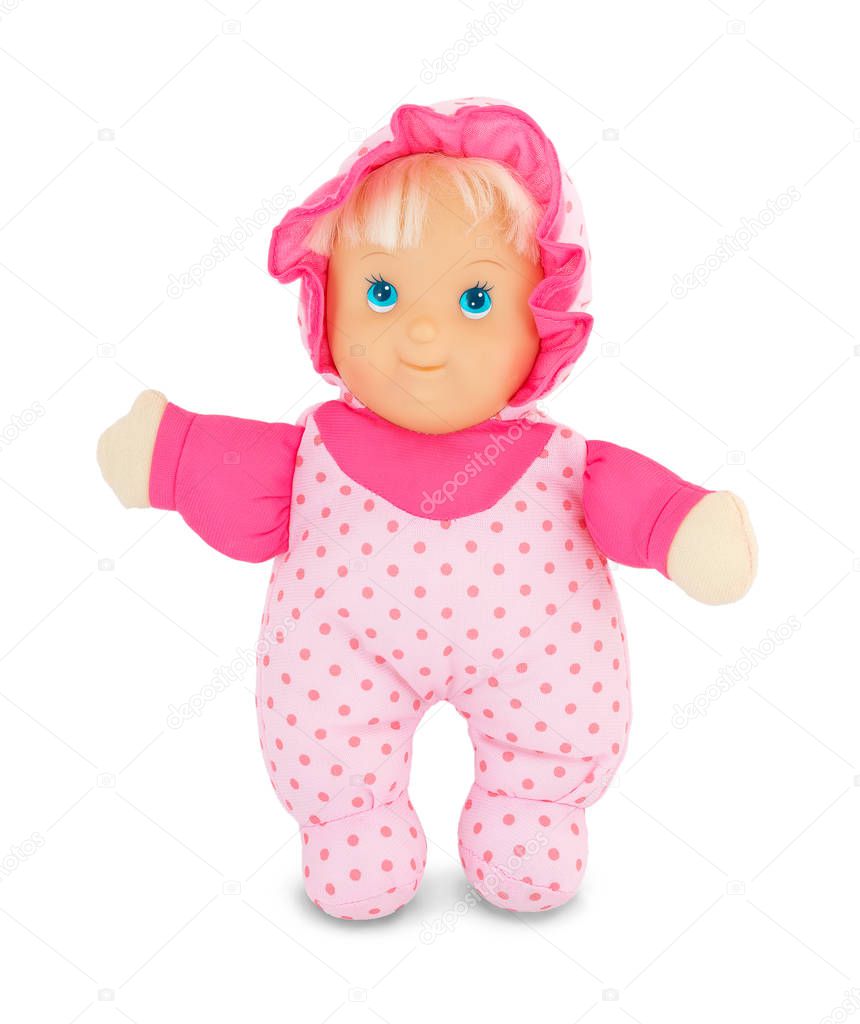 Plushie doll with blue shiny eyes isolated on white background with shadow. Cute pink rag baby doll on white backdrop.