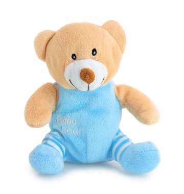 Beyaz arka planda izole edilmiş, gölge yansıması olan sevimli ayı bebeği. Beyaz altında oturan neşeli parlak kahverengi ve mavi ayı. Peluş ayı peluş kukla oyuncağı.
