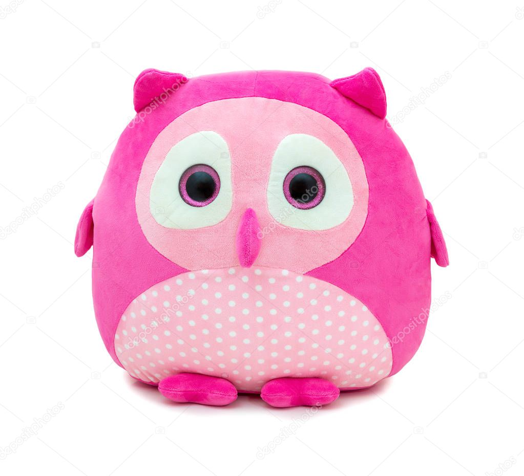 Cute pinky owl doll isolated on white background with shadow reflection. Owl the bird of prey on white backdrop. Playful bright pink plush stuffed puppet bird toy for children.