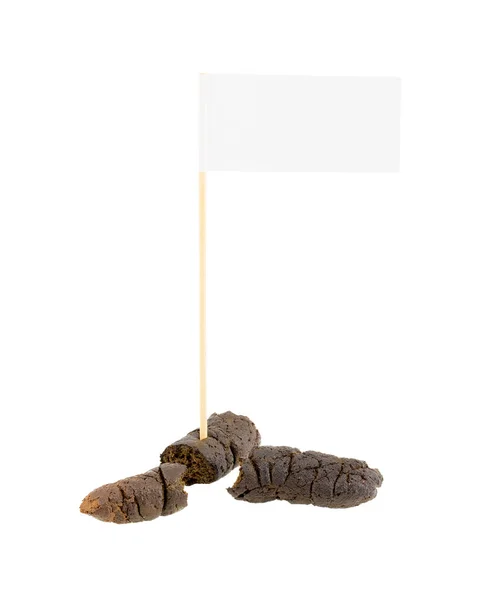 Flag stuck in shit. Shit with white flag for copy space text isolted on white background with shadow reflection. Flag on poop with clipping path.