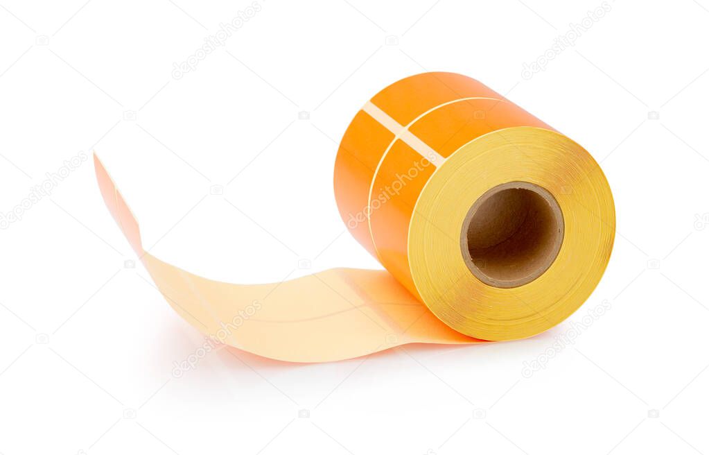 Orange label roll isolated on white background with shadow reflection - clipping path. Color reel of labels for printers. Labels for direct thermal or thermal transfer printing.