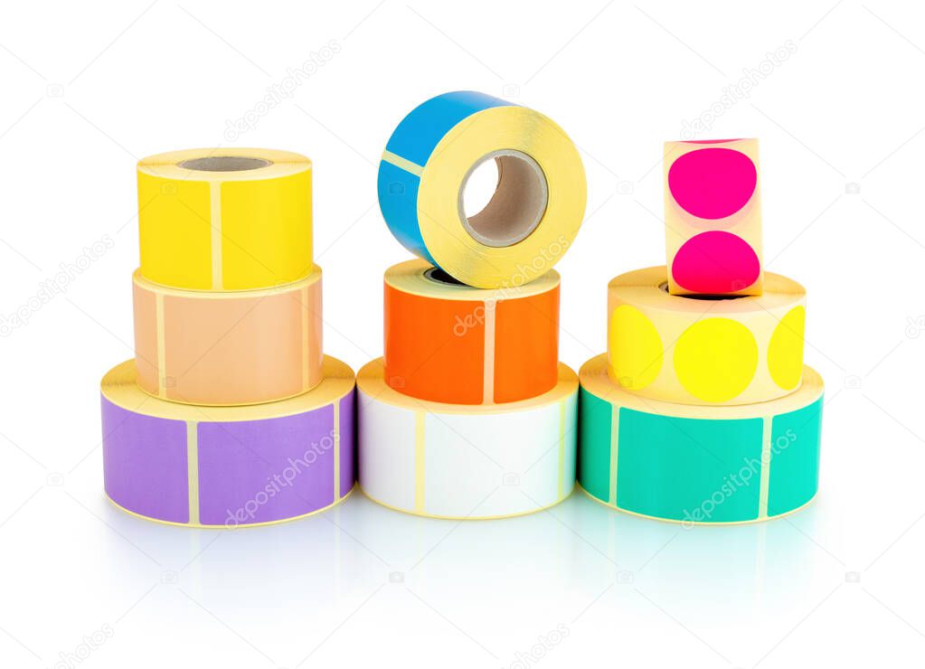 Colored square and circle label rolls isolated on white background with shadow reflection - clipping path. Color reels of labels for printers. Labels for direct thermal or thermal transfer printing.