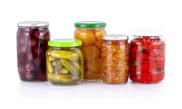 Pickled Broskev Meruňka Třešeň Okurka Lecho Lecso Hovězí Chilli Papričky — Stock fotografie