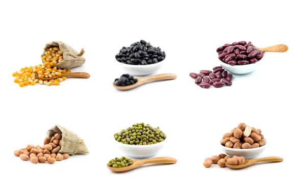 Various types of cereal on a white background.