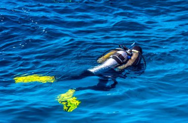 Denizin yüzeyinde dalış ekipmanları içinde bir adam.