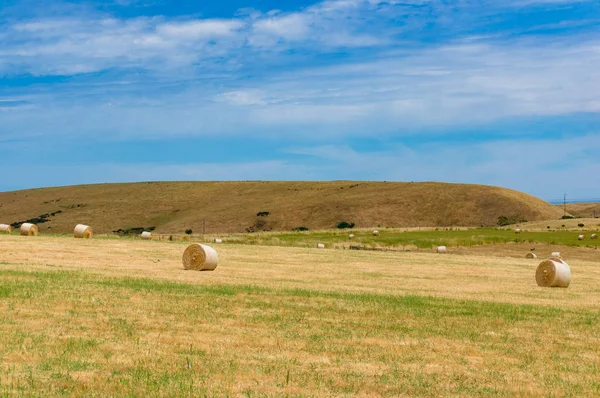 Schöne Landschaft von Ackerland Feld mit Strohballen — Stockfoto