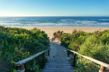 Okyanus manzaralı, kumla kaplı ahşap bir arka plan.