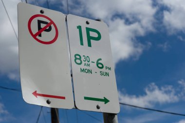 Parking sign indicating parking rules on both sides