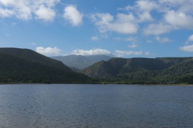 Orman kaplı dağlar ve önplanda göl