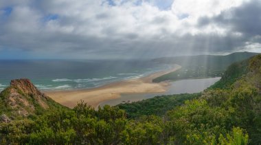 Yeşil dağ ormanı ve okyanus sahili doğa manzarası