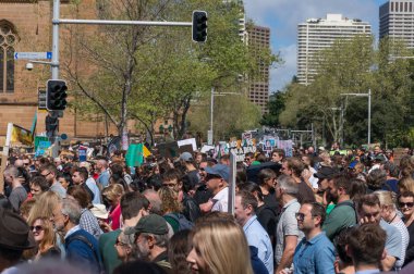 Küresel grevde iklim için pankart ve posterleri olan insanlar.