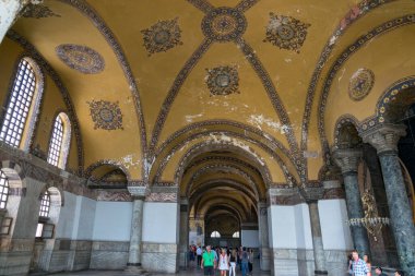 Interior of Hagia Sophia museum with tourists. Istanbul, Turkeky