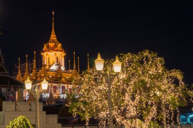 Metal Palace illuminated at night with street lights and tree on