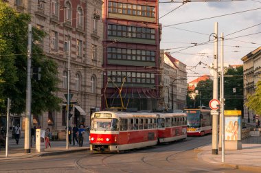 Red old tramway on the street of Prague historic town