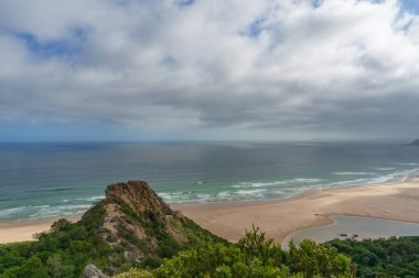 Beautiful aerial beach landscape of sandy ocean shore and green 