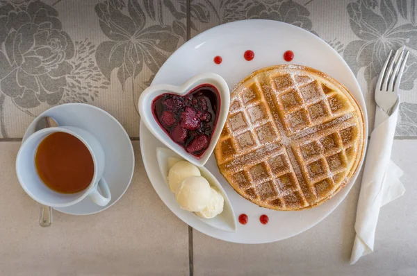 Top view of table setting with belgian waffles, ice cream and ja — Stock Photo, Image