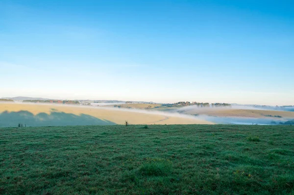 Paisagem rural da manhã com pastos verdes e nevoeiro — Fotografia de Stock