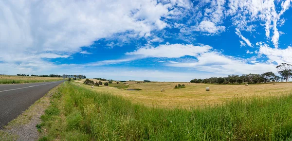 Countryside panorama of vast farm field with round straw bales — Stock Photo, Image