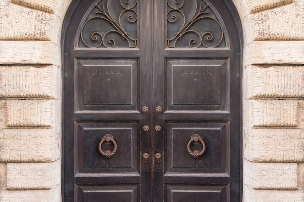 Closed old style wooden door with cast iron lattice decoration, — 스톡 사진