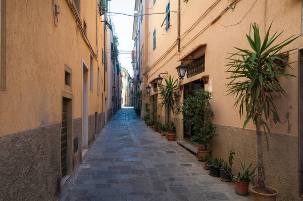 Narrow Italian street with cobble stone path and plants in flowerpots along the wall. European small town residential district