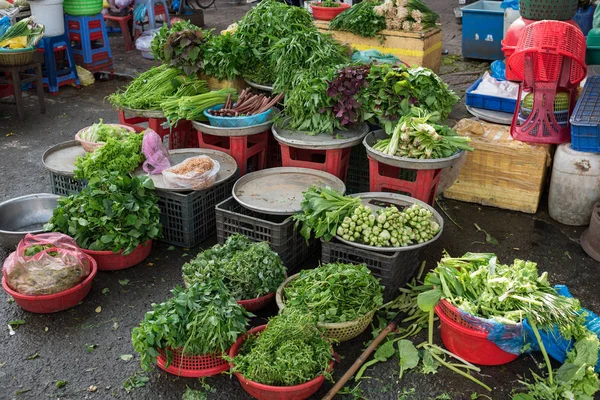 Green herbs and salads for sale on street market — 스톡 사진