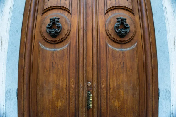 Tall wooden oak door with metal door handle — 스톡 사진