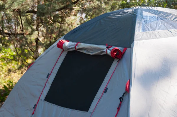 CLose up of camping tent with rolled up window — Stock Photo, Image