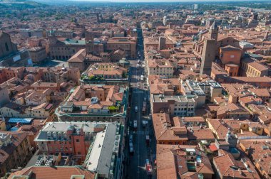 Aerial view of red tiled rooftops in Bologna, Italy