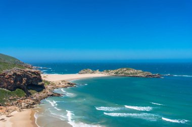 Summer beach nature background with ocean, sand shore. Beach holiday landscape 