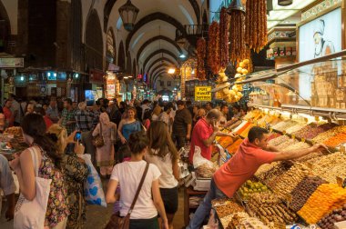 Crowd of multi-ethnic people shopping at Grand Bazaar market in 