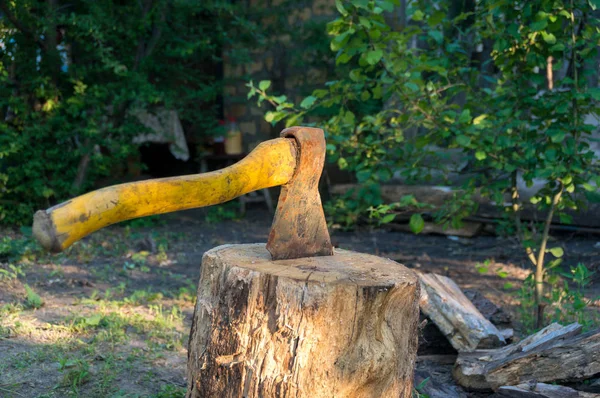 Axe with wooden handle in tree stomp — Stock Photo, Image