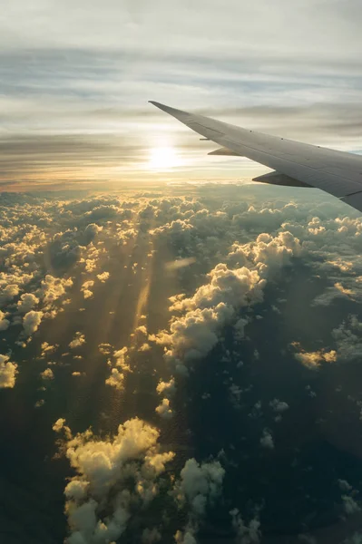 Airplane wing and picturesque clouds with sunset sun
