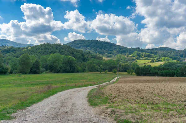 Krajobraz wiejski z niezapieczętowaną drogą i zielonymi wzgórzami — Zdjęcie stockowe