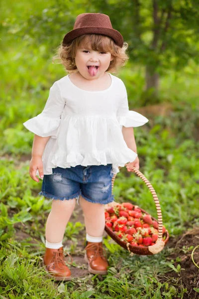 Adorable petite fille avec le panier plein de fraises, taquinant — Photo