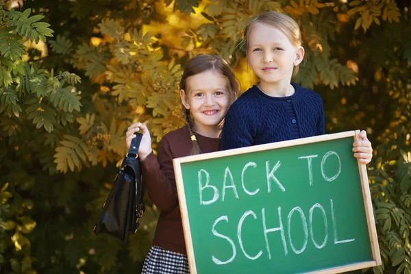 Dos hermanas pequeñas felices de vuelta a la escuela — Foto de Stock