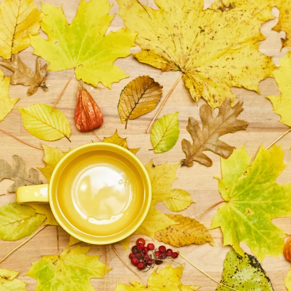 Composición plana de otoño con marco de corona de hojas secas y taza vacía sobre un fondo de madera . — Foto de Stock