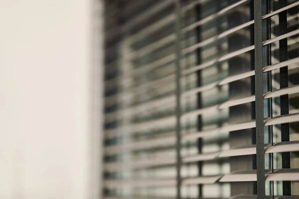 Gray plastic window blinds, close-up. — Stock Photo, Image