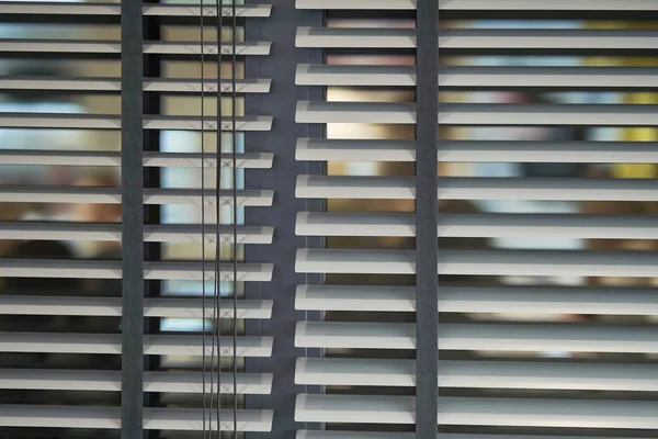 Gray plastic window blinds, close-up. — Stock Photo, Image