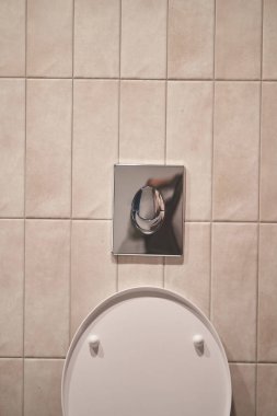 Krom gümüşü tuvalet sifonu düğmesi. Banyo ve tuvaletin içi.