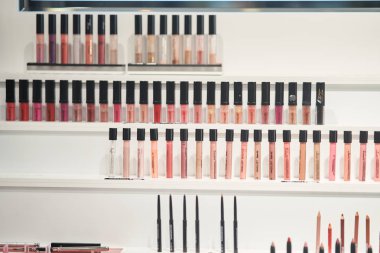 Dükkanda çok renkli dudak parlatıcıları var. Makyajcı için profesyonel makyaj.