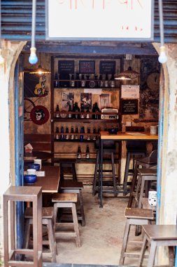 Panaji, Goa - December 15, 2019: Interior of the bar. Outdoor bar in the old district of Panaji. 