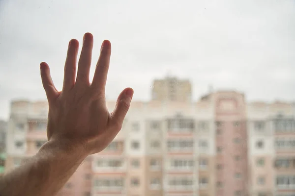 Junger Mann in der Selbstisolierung. Bleiben Sie zu Hause. Hand aufs Fenster. — Stockfoto