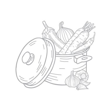 Sebzeli bir tencere setinin el çizimi vektör çizimi.