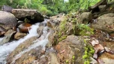 A mountain stream flows through large stones, foam from the flow of water. Clear transparent water. 