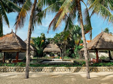 Palmiye ağaçlarıyla çevrili, tropik yeşilliklerin arasında duran bungalovlar. Rahatlamak ve meditasyon yapmak için bir yer. Tropikal bir cennette rahatla