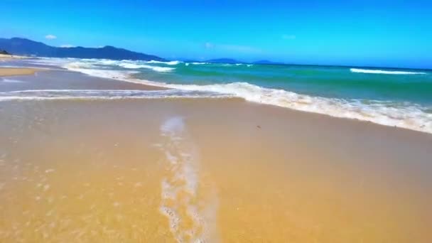 A sandy beach next to the ocean, tropical island beach, blue turquoise sea water — Stock Video