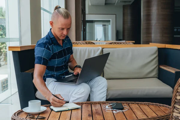 A young successful businessman in a shirt and trousers is in a cafe, busy with remote work using modern technology. Works with laptop, checking reports or making plans. Writes cases to notepad