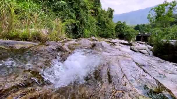 Une cascade dans la jungle. ruisseau de montagne coule à travers de grandes pierres, mousse de l'écoulement de l'eau — Video